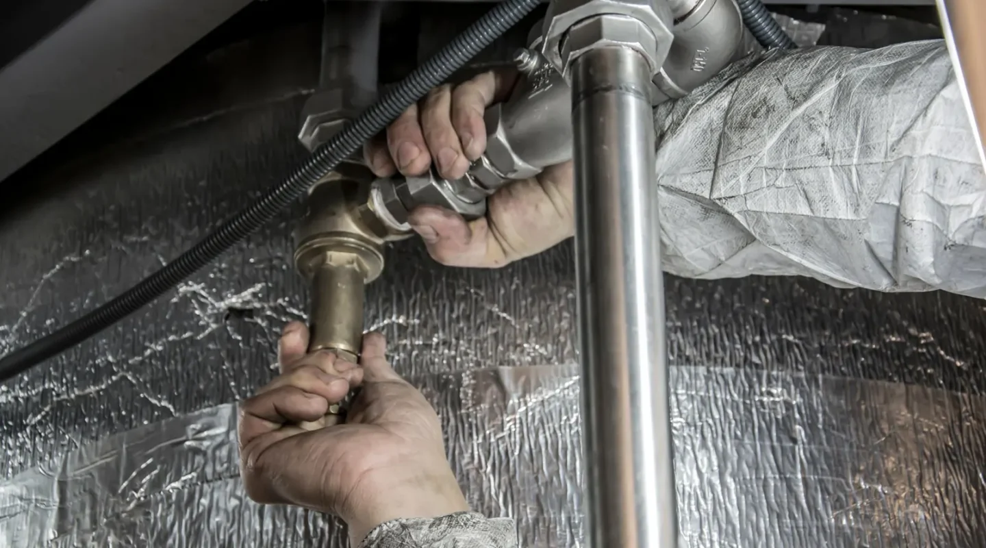 Mãos de um profissional ajustando conexões de uma tubulação metálica