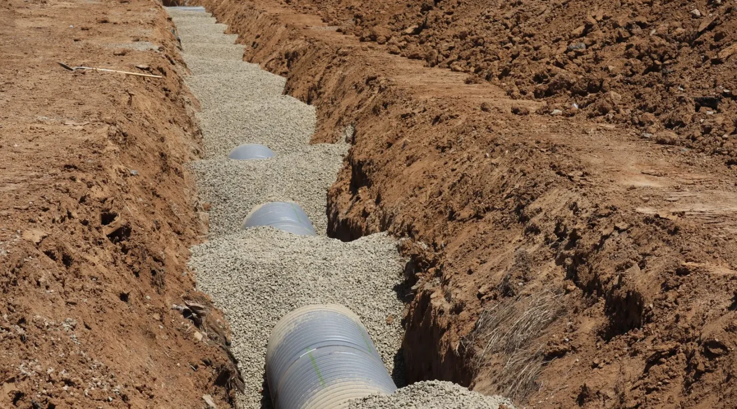 Tubulação de drenagem instalada em uma vala com brita